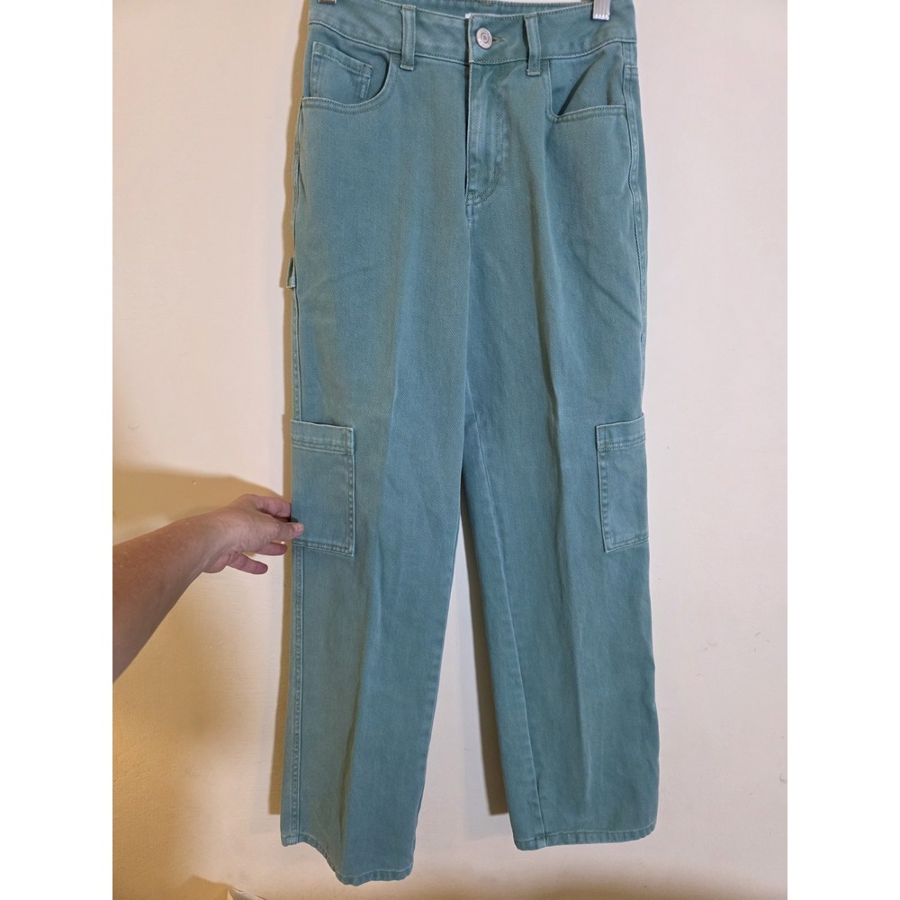 Full Tilt Jeans Womens‎ 24x31 Light Green Wash Cargo Mid-Rise Wide Leg Y2K